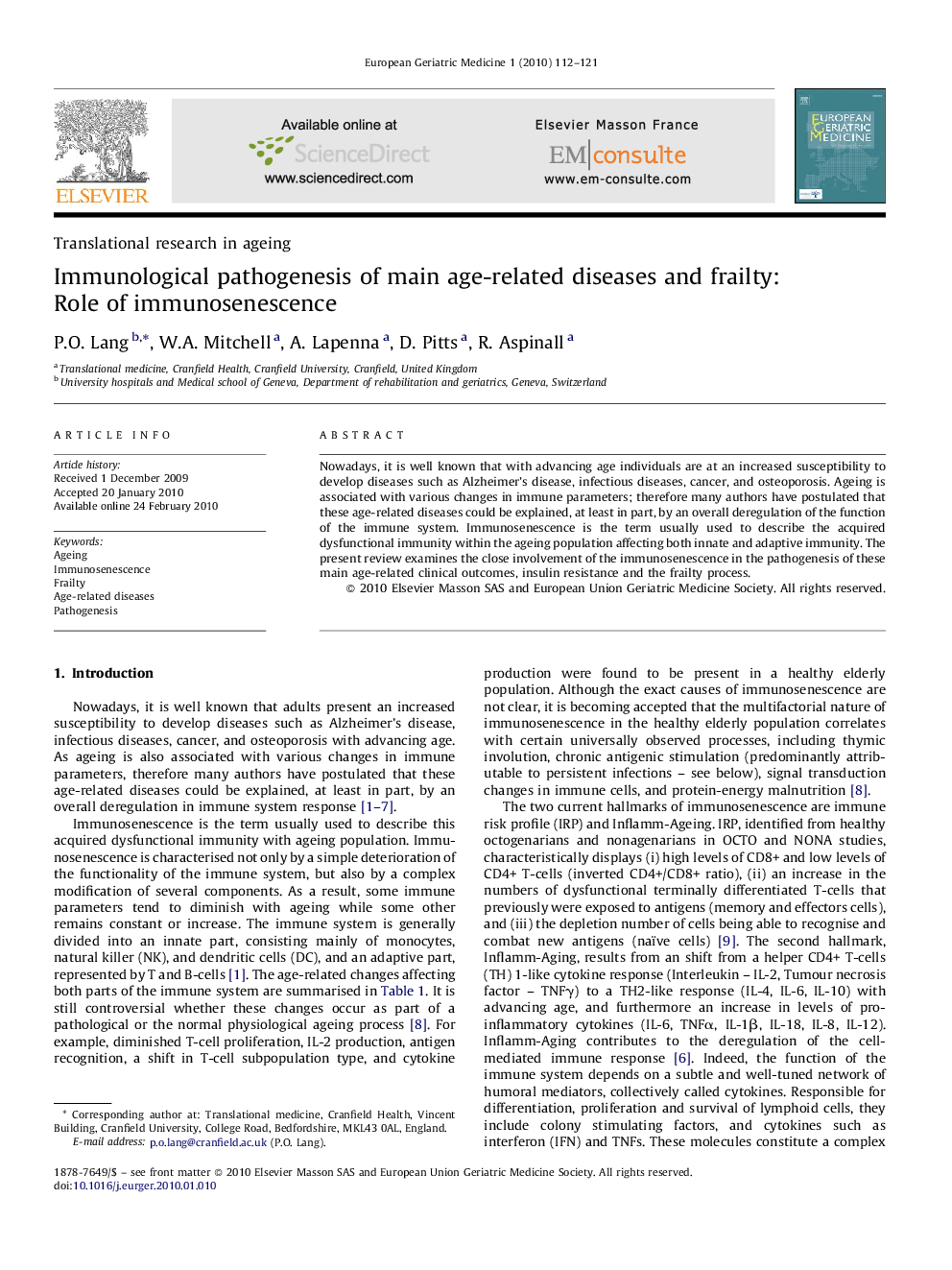 Immunological pathogenesis of main age-related diseases and frailty: Role of immunosenescence