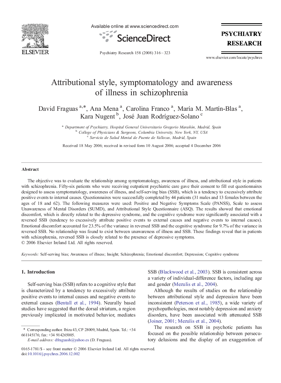 Attributional style, symptomatology and awareness of illness in schizophrenia