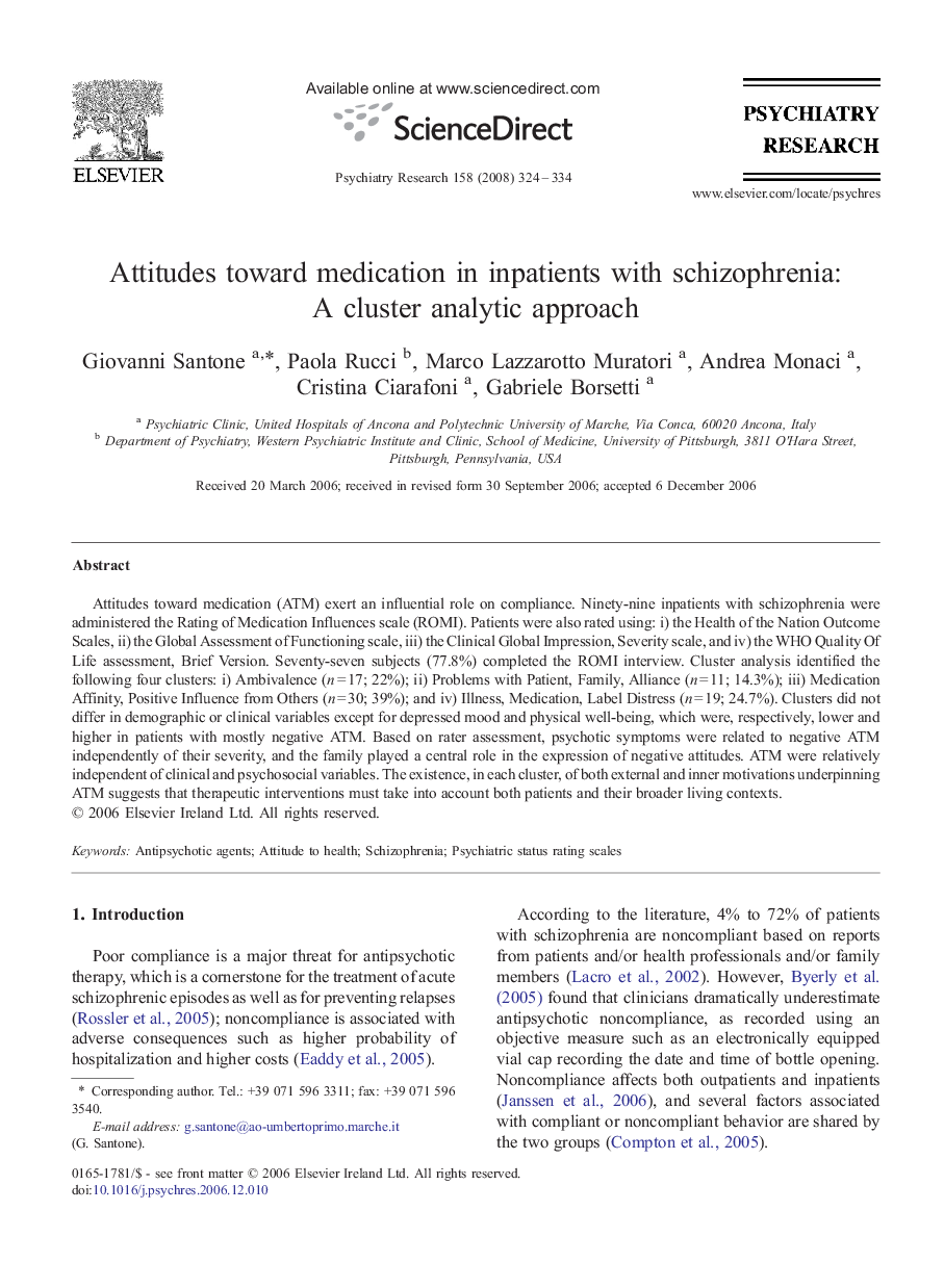 Attitudes toward medication in inpatients with schizophrenia: A cluster analytic approach