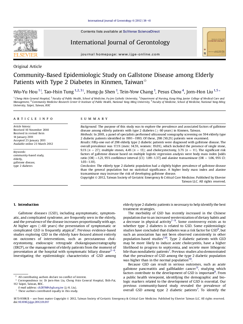 Community-Based Epidemiologic Study on Gallstone Disease among Elderly Patients with Type 2 Diabetes in Kinmen, Taiwan 