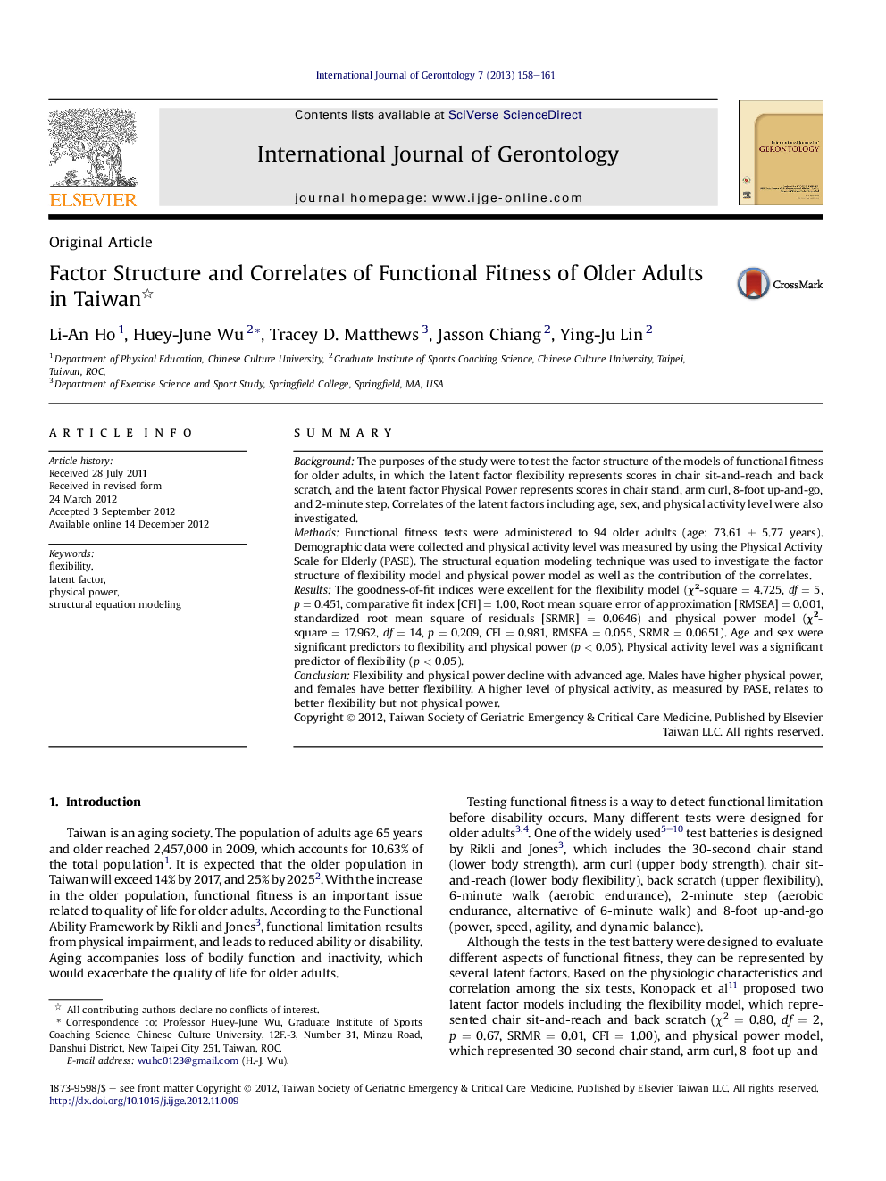 عکس صفحه اول مقاله: Factor Structure and Correlates of Functional Fitness of Older Adults in Taiwan Factor Structure and Correlates of Functional Fitness of Older Adults in Taiwan