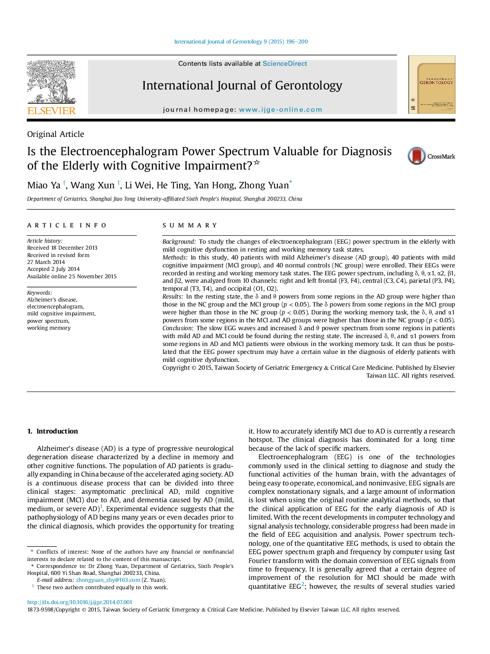 Is the Electroencephalogram Power Spectrum Valuable for Diagnosis of the Elderly with Cognitive Impairment? 