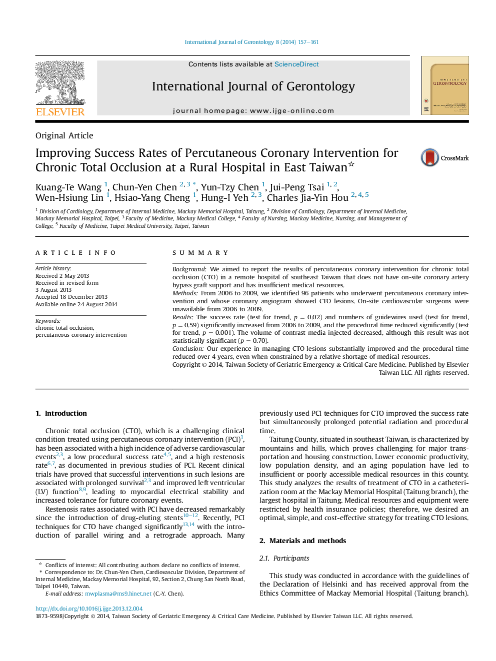 Improving Success Rates of Percutaneous Coronary Intervention for Chronic Total Occlusion at a Rural Hospital in East Taiwan 