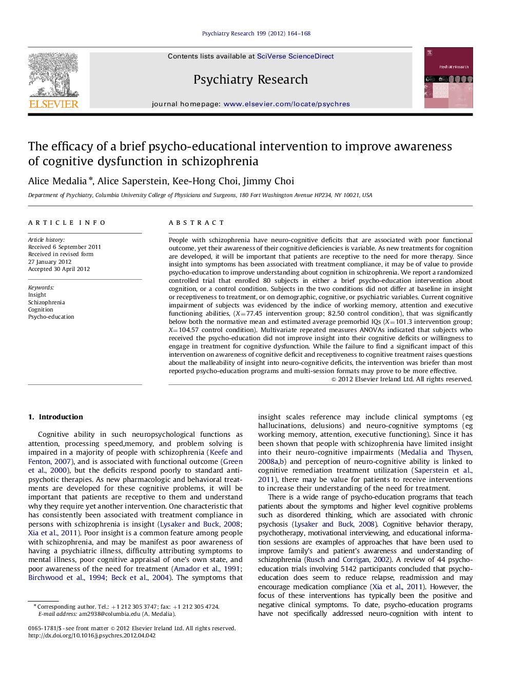 The efficacy of a brief psycho-educational intervention to improve awareness of cognitive dysfunction in schizophrenia