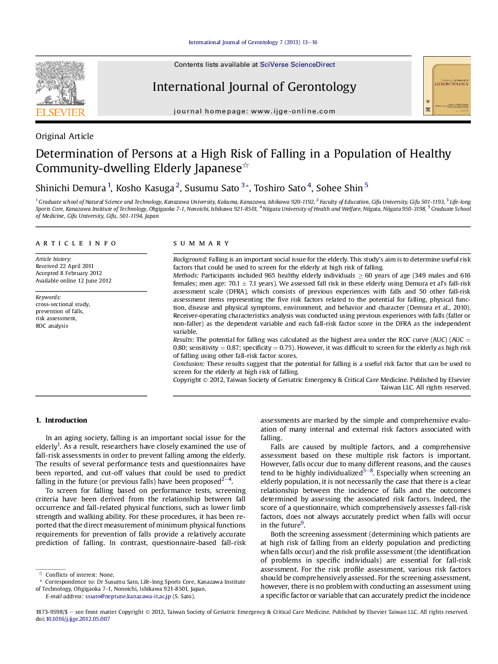 Determination of Persons at a High Risk of Falling in a Population of Healthy Community-dwelling Elderly Japanese 