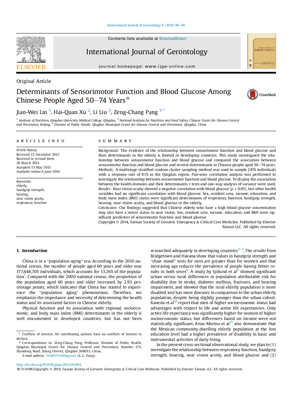 Determinants of Sensorimotor Function and Blood Glucose Among Chinese People Aged 50–74 Years 