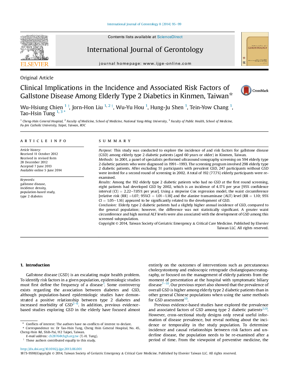 Clinical Implications in the Incidence and Associated Risk Factors of Gallstone Disease Among Elderly Type 2 Diabetics in Kinmen, Taiwan 