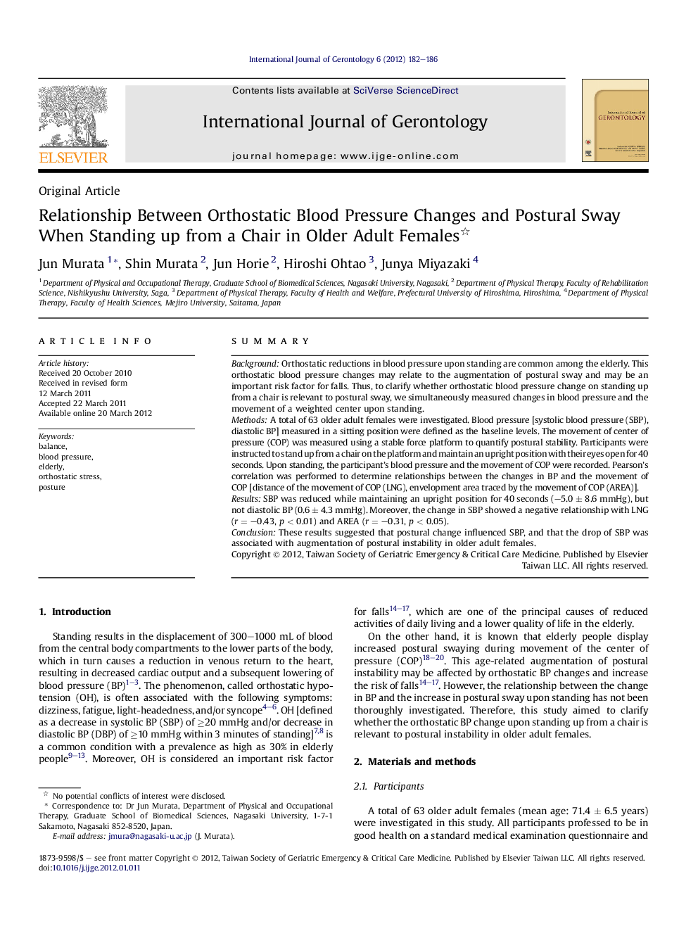 Relationship Between Orthostatic Blood Pressure Changes and Postural Sway When Standing up from a Chair in Older Adult Females 