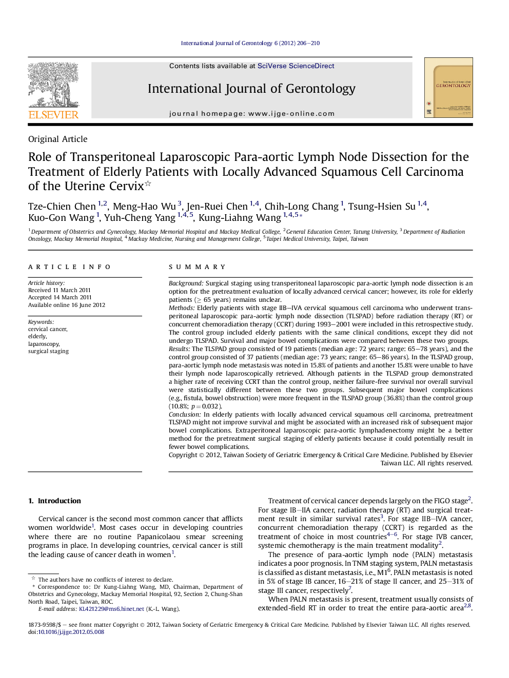 Role of Transperitoneal Laparoscopic Para-aortic Lymph Node Dissection for the Treatment of Elderly Patients with Locally Advanced Squamous Cell Carcinoma of the Uterine Cervix 