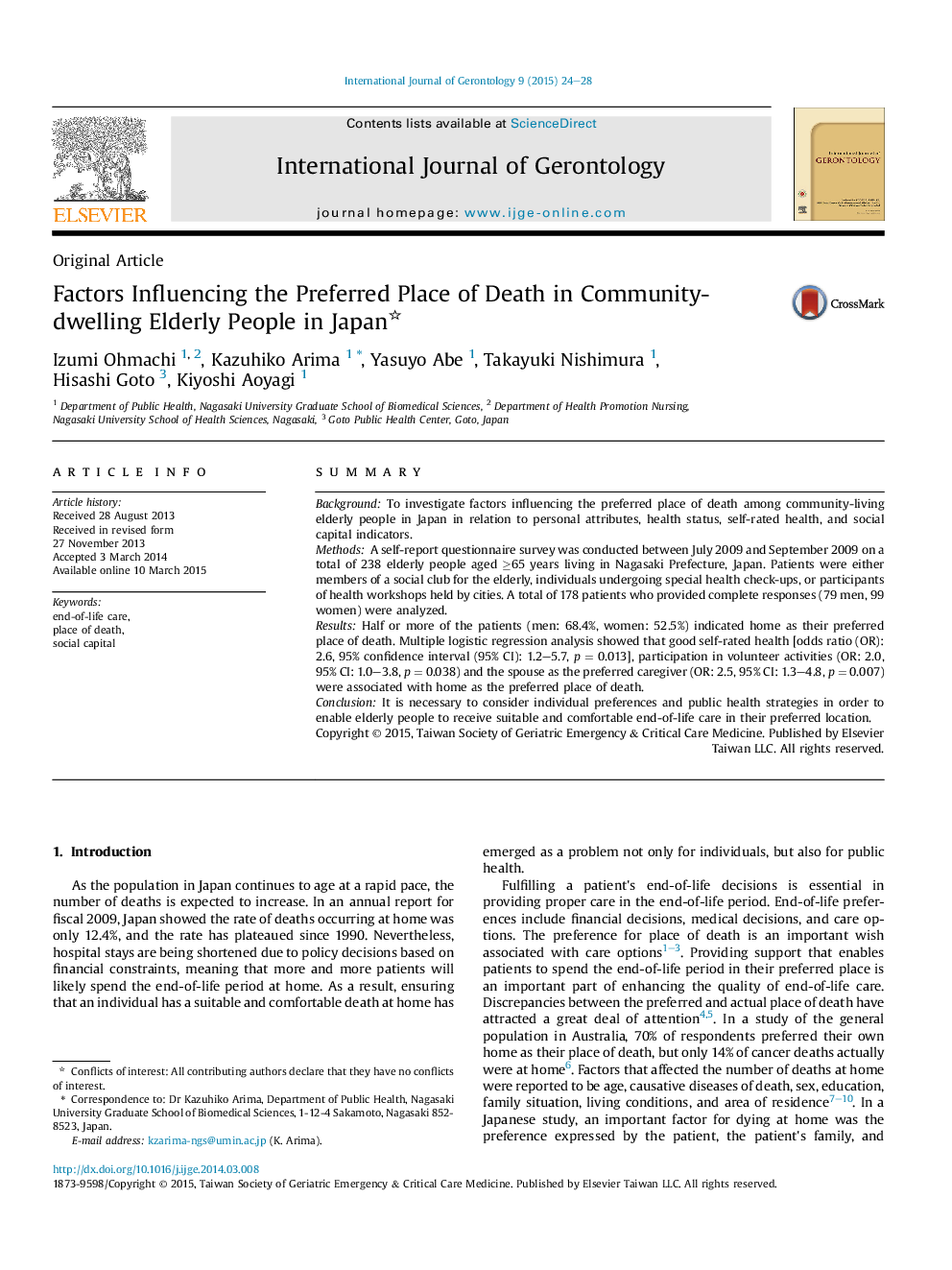 Factors Influencing the Preferred Place of Death in Community-dwelling Elderly People in Japan 