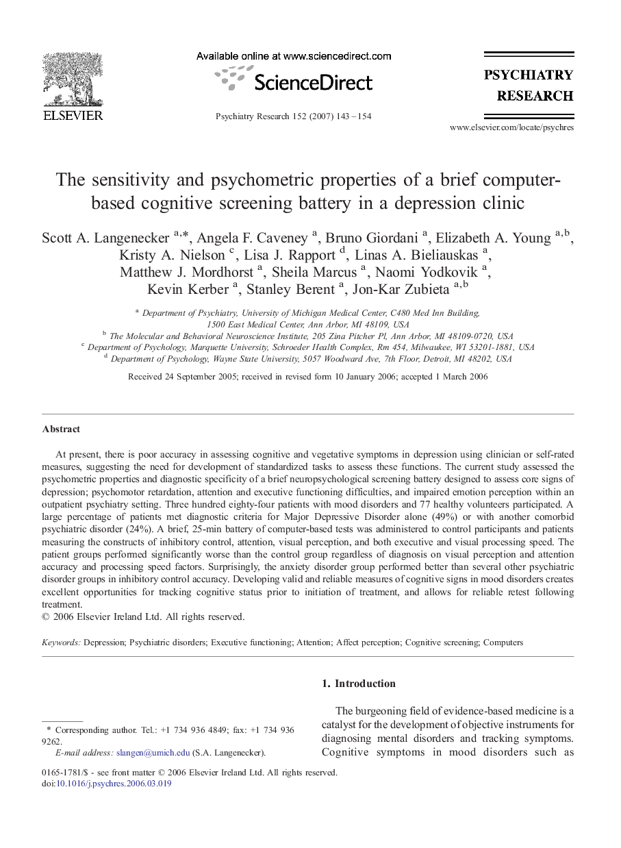 The sensitivity and psychometric properties of a brief computer-based cognitive screening battery in a depression clinic