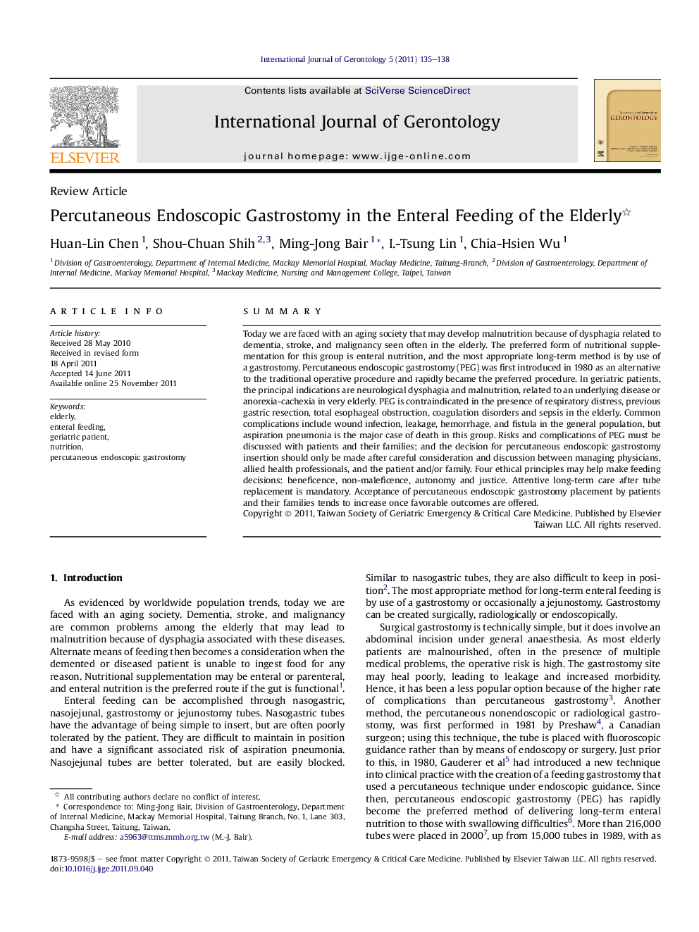 Percutaneous Endoscopic Gastrostomy in the Enteral Feeding of the Elderly 