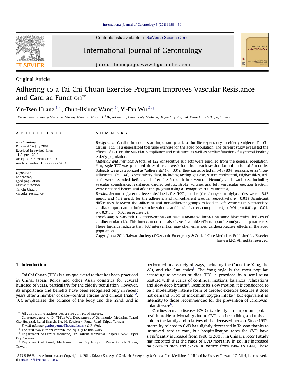 Adhering to a Tai Chi Chuan Exercise Program Improves Vascular Resistance and Cardiac Function 