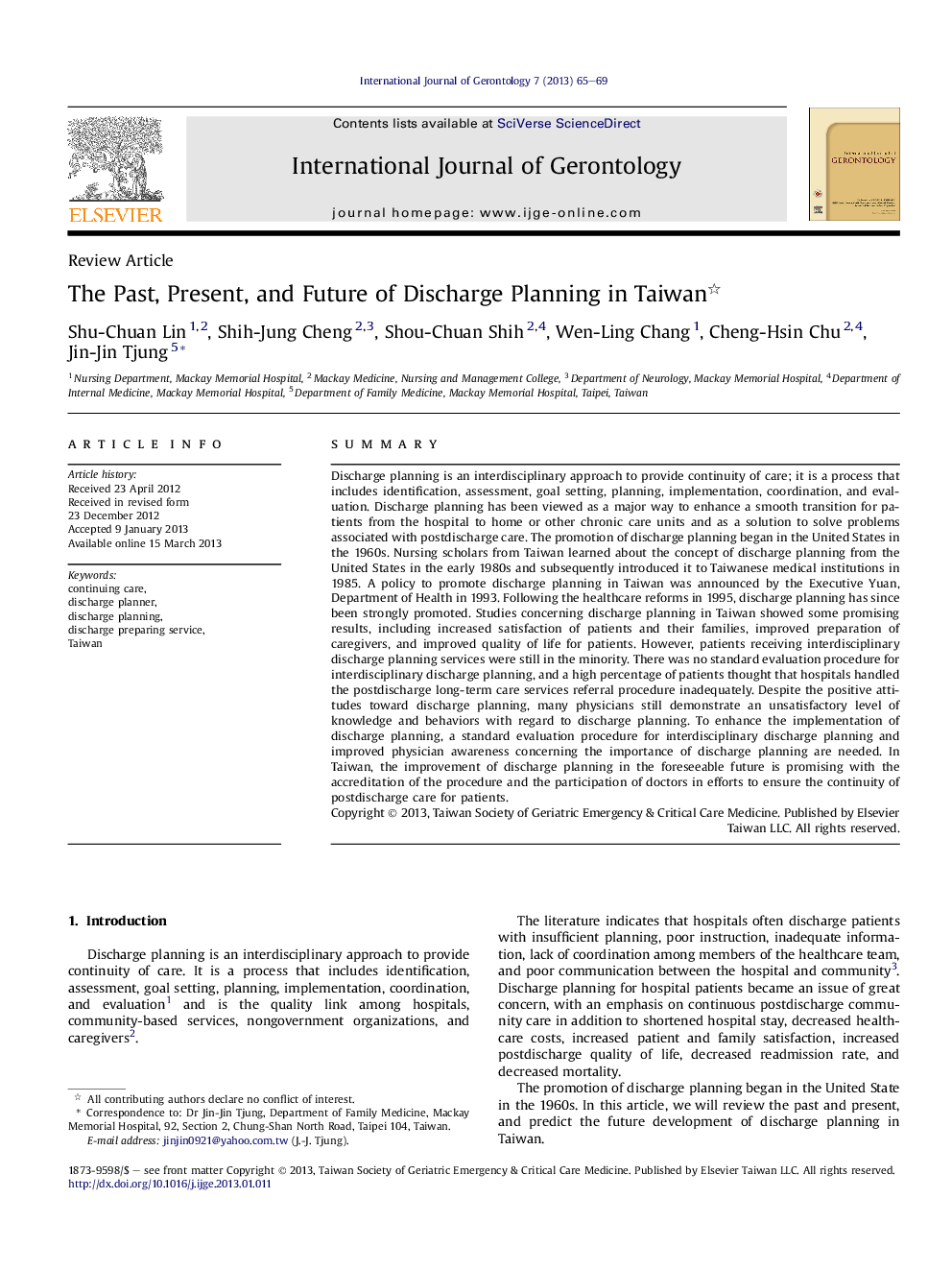 The Past, Present, and Future of Discharge Planning in Taiwan 