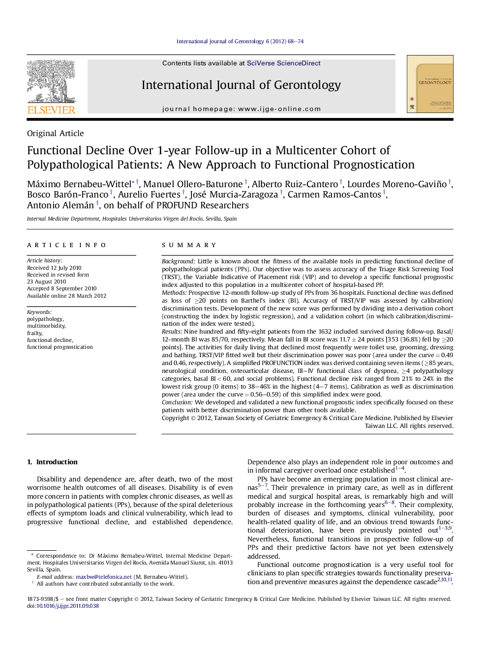 Functional Decline Over 1-year Follow-up in a Multicenter Cohort of Polypathological Patients: A New Approach to Functional Prognostication