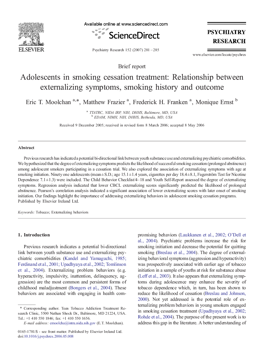 Adolescents in smoking cessation treatment: Relationship between externalizing symptoms, smoking history and outcome