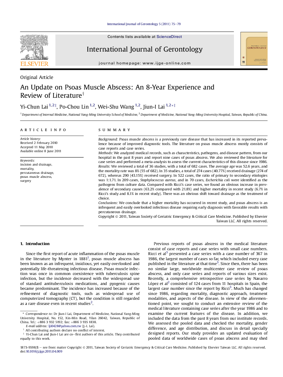 An Update on Psoas Muscle Abscess: An 8-Year Experience and Review of Literature †