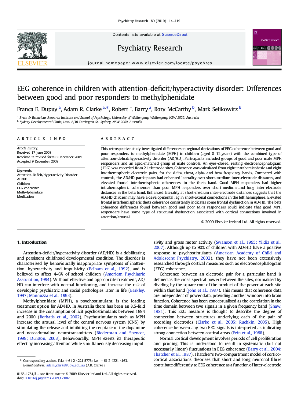 EEG coherence in children with attention-deficit/hyperactivity disorder: Differences between good and poor responders to methylphenidate