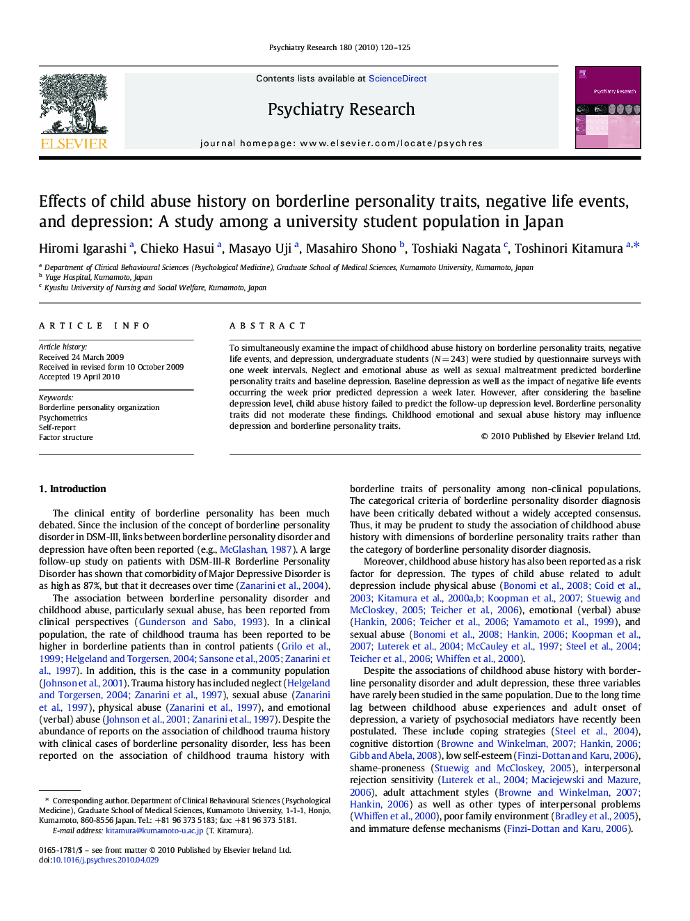 Effects of child abuse history on borderline personality traits, negative life events, and depression: A study among a university student population in Japan