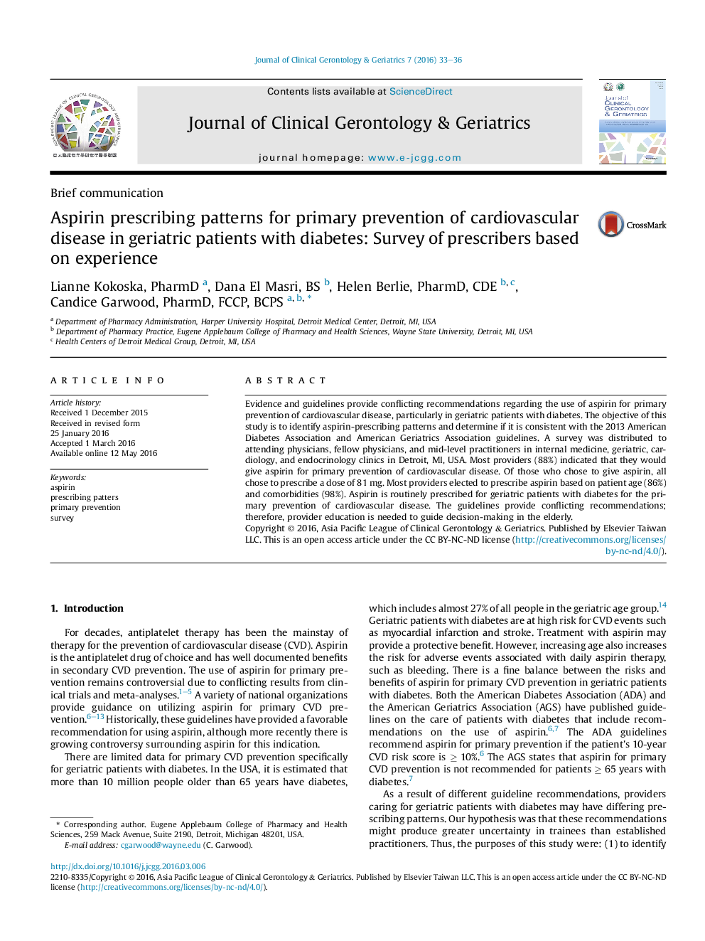 Aspirin prescribing patterns for primary prevention of cardiovascular disease in geriatric patients with diabetes: Survey of prescribers based on experience