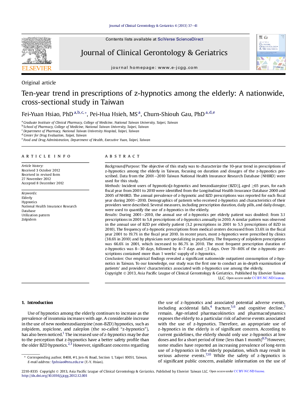 Ten-year trend in prescriptions of z-hypnotics among the elderly: A nationwide, cross-sectional study in Taiwan