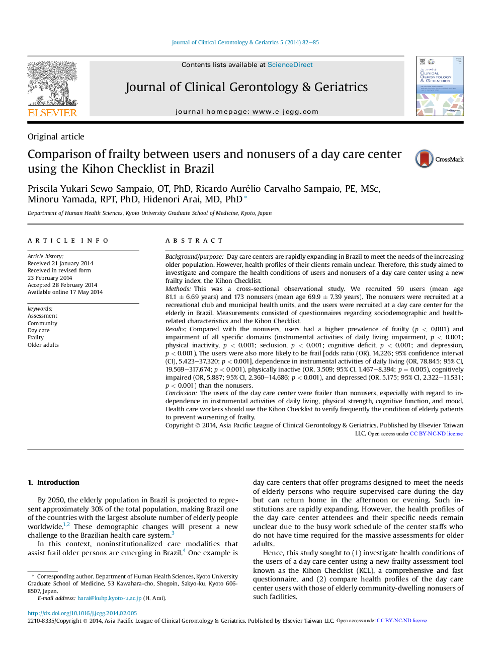 Comparison of frailty between users and nonusers of a day care center using the Kihon Checklist in Brazil