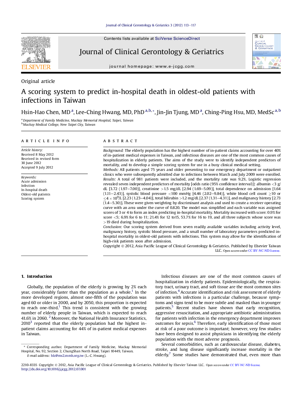 A scoring system to predict in-hospital death in oldest-old patients with infections in Taiwan