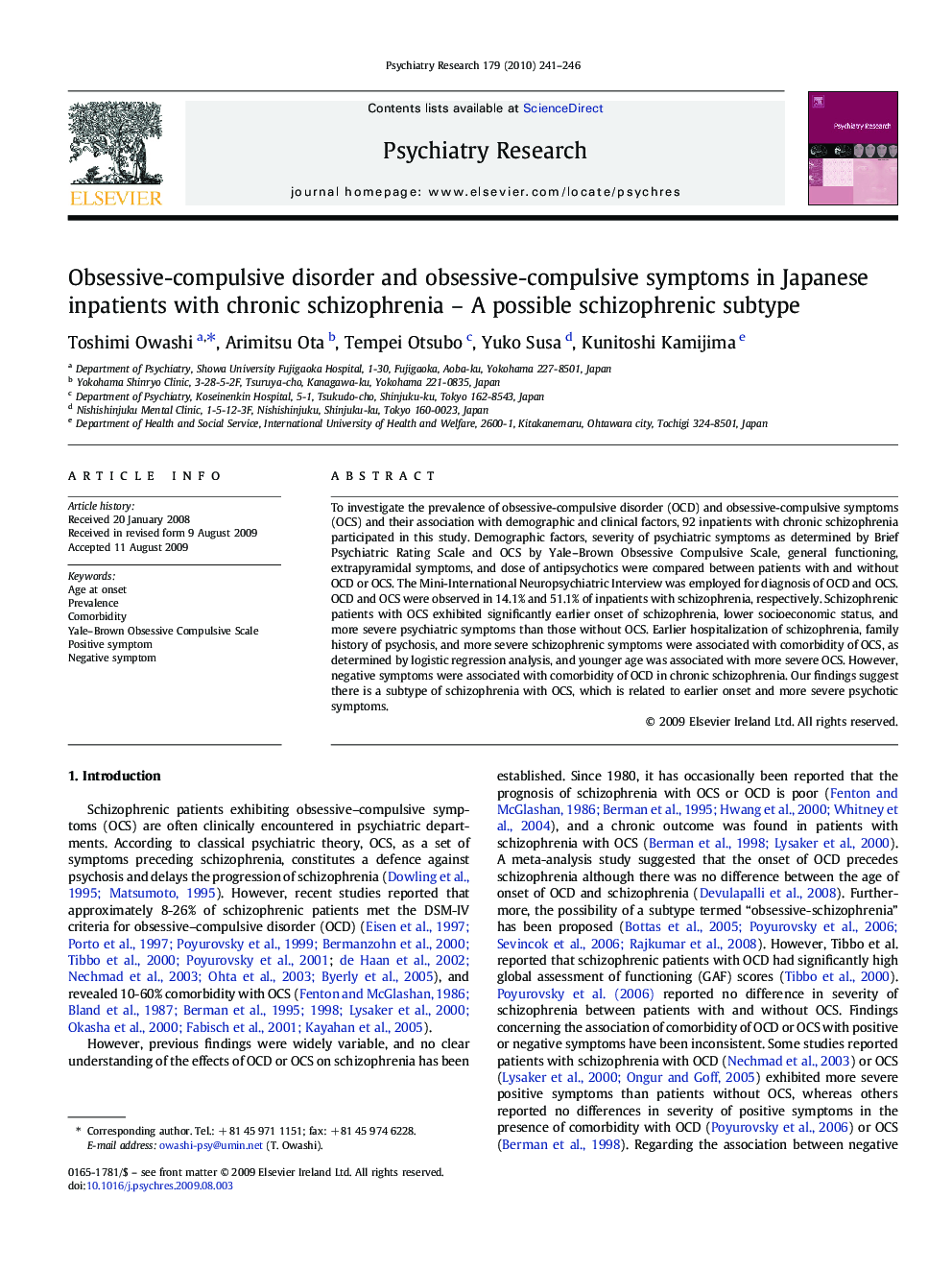 Obsessive-compulsive disorder and obsessive-compulsive symptoms in Japanese inpatients with chronic schizophrenia – A possible schizophrenic subtype