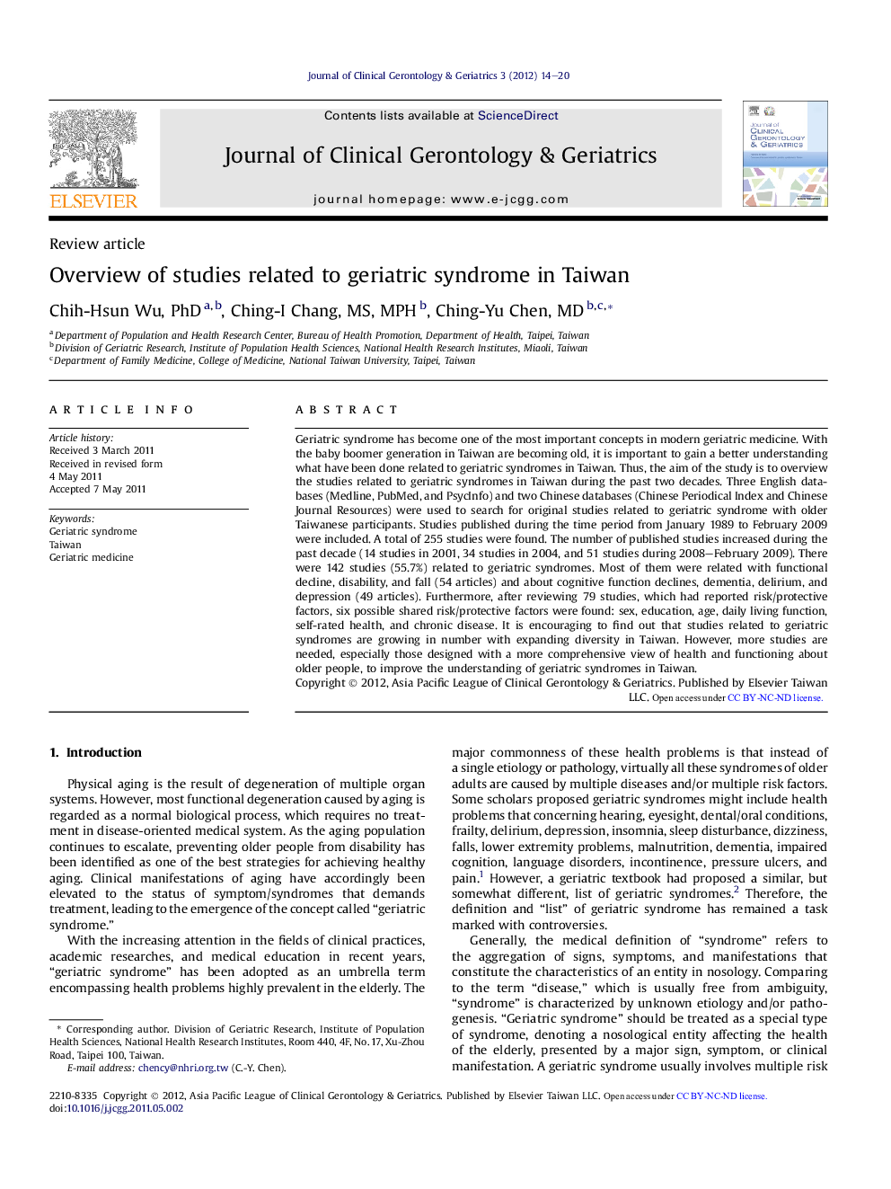 Overview of studies related to geriatric syndrome in Taiwan