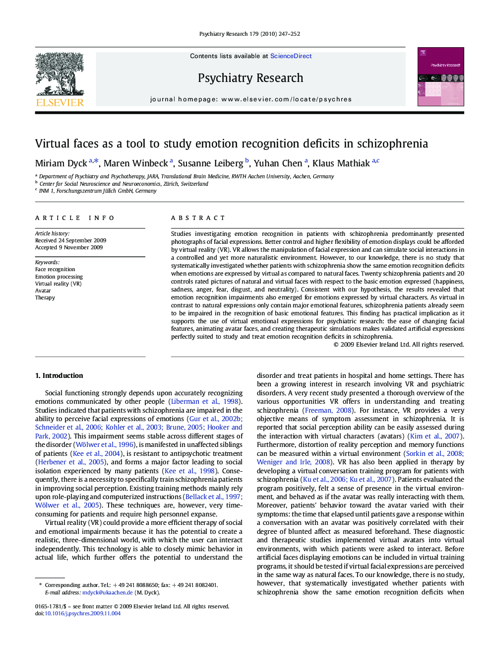 Virtual faces as a tool to study emotion recognition deficits in schizophrenia