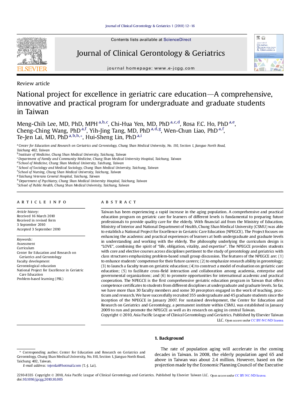 National project for excellence in geriatric care education—A comprehensive, innovative and practical program for undergraduate and graduate students in Taiwan