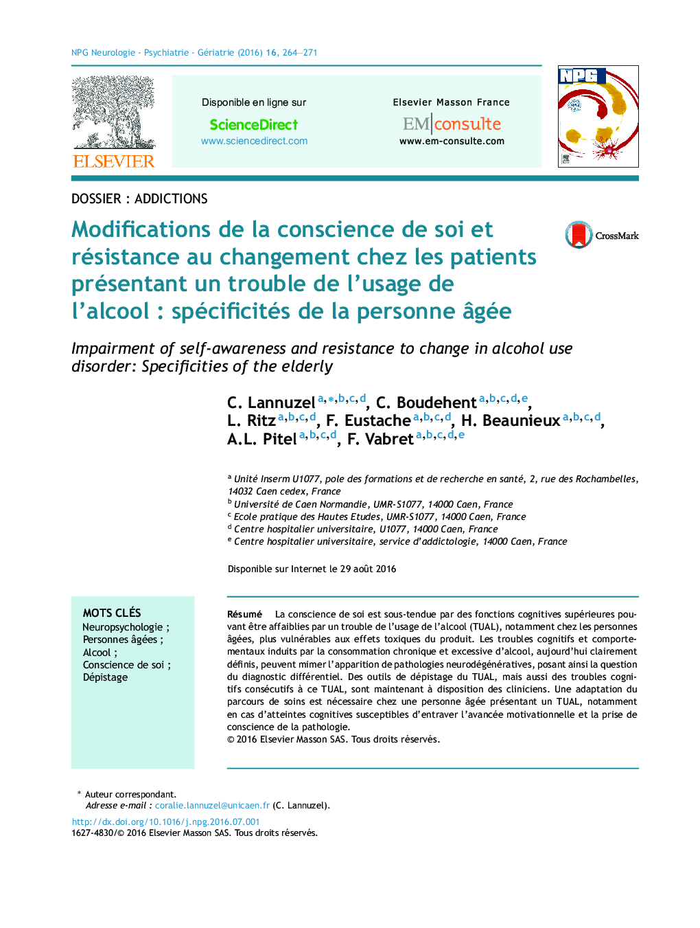 Modifications de la conscience de soi et résistance au changement chez les patients présentant un trouble de l'usage de l'alcoolÂ : spécificités de la personne Ã¢gée