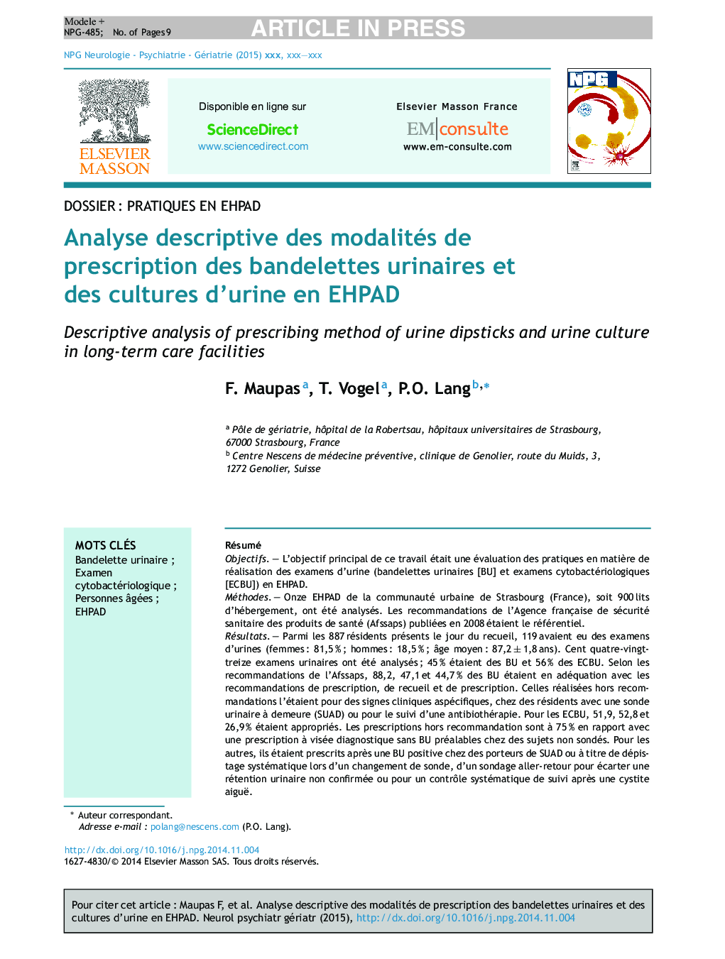 Analyse descriptive des modalités de prescription des bandelettes urinaires et des cultures d'urine en EHPAD