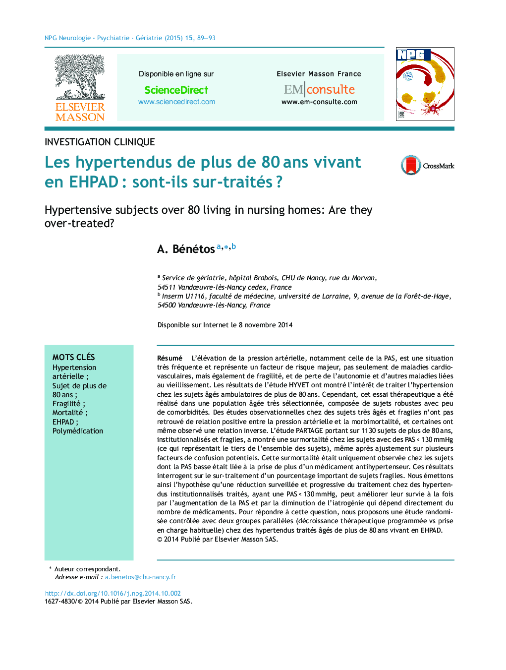 Les hypertendus de plus de 80Â ans vivant en EHPADÂ : sont-ils sur-traitésÂ ?