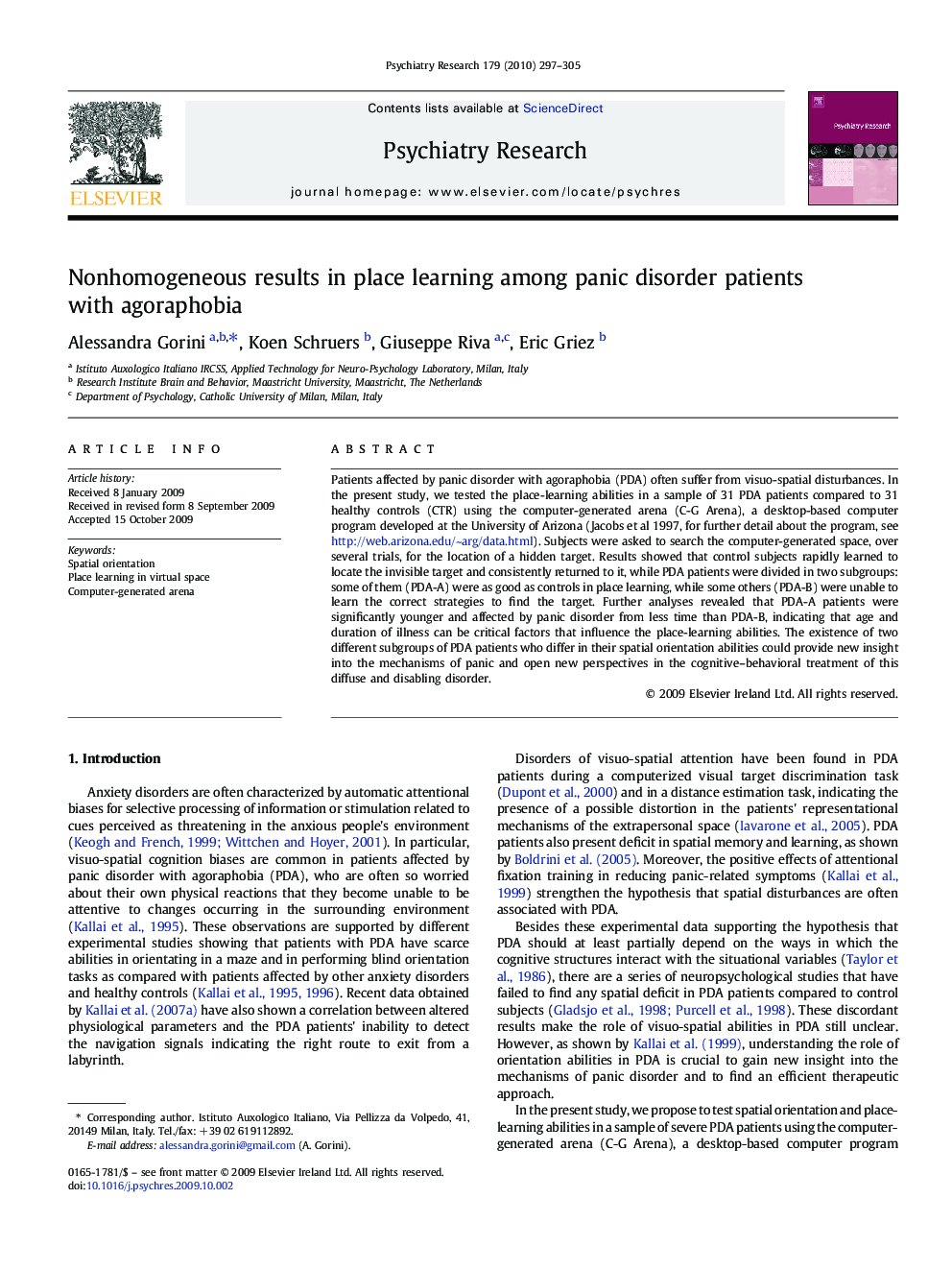 Nonhomogeneous results in place learning among panic disorder patients with agoraphobia