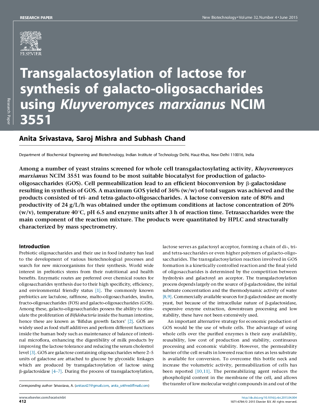 Transgalactosylation of lactose for synthesis of galacto-oligosaccharides using Kluyveromyces marxianus NCIM 3551