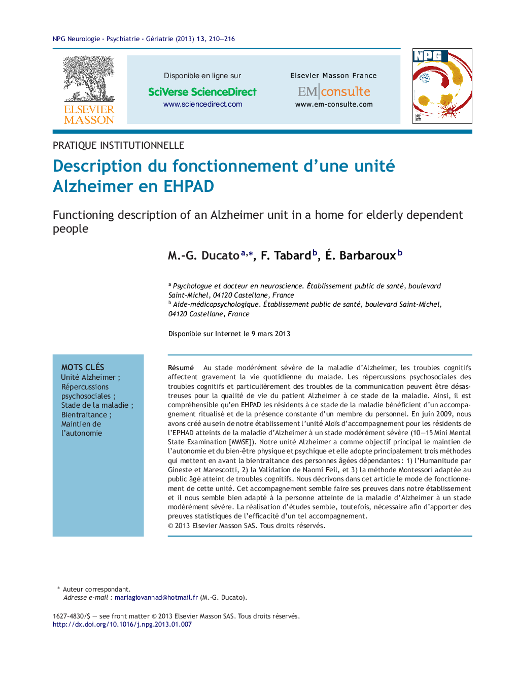 Description du fonctionnement d'une unité Alzheimer en EHPAD