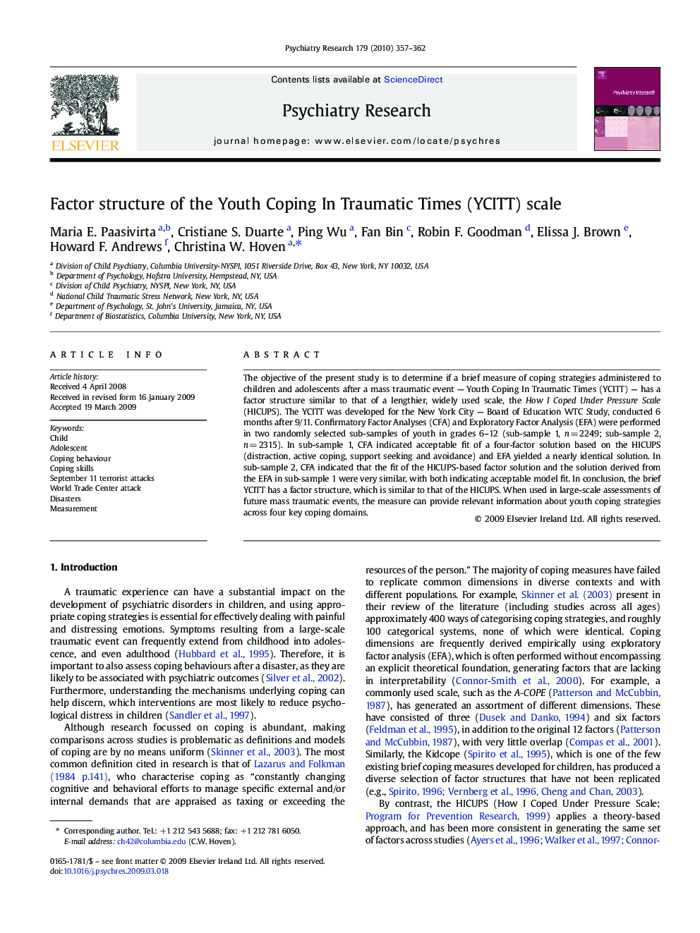 Factor structure of the Youth Coping In Traumatic Times (YCITT) scale