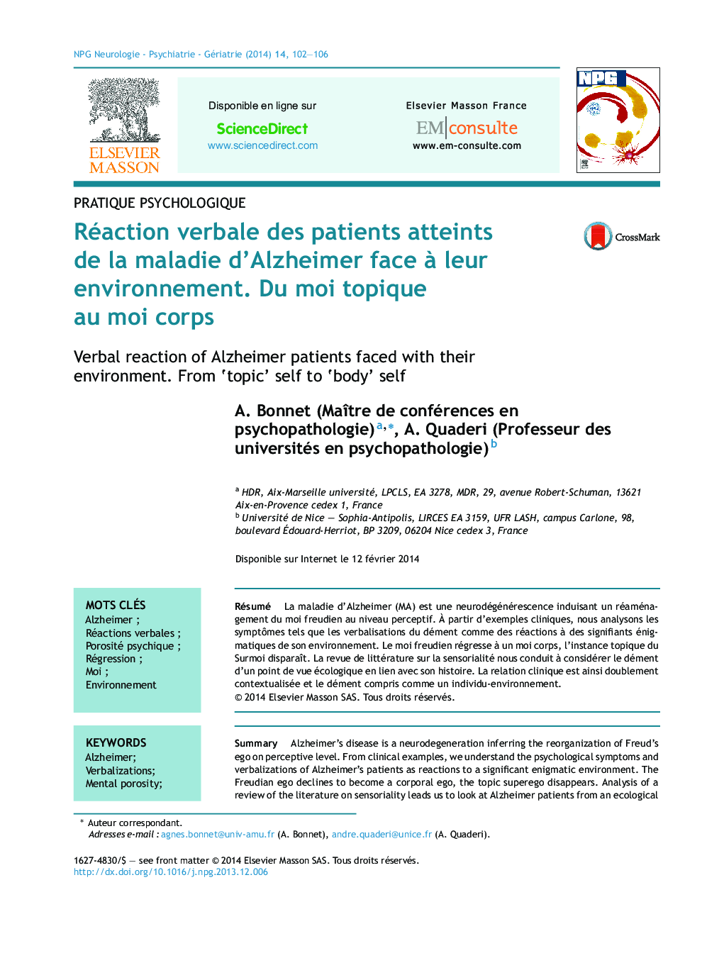 Réaction verbale des patients atteints de la maladie d'Alzheimer face Ã  leur environnement. Du moi topique au moi corps