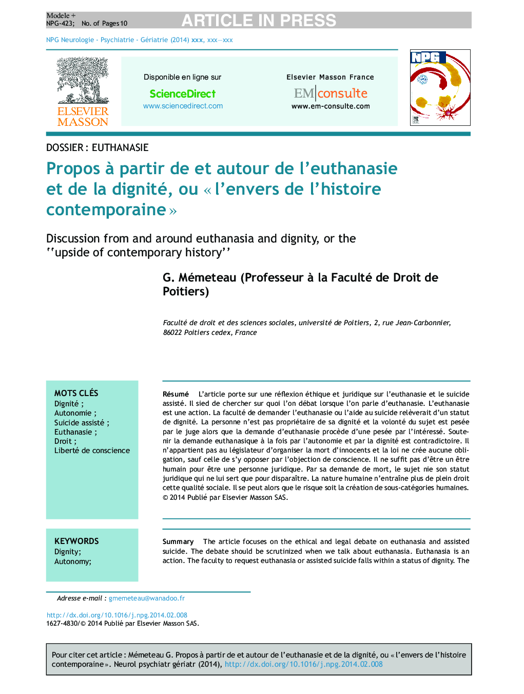 Propos Ã  partir de et autour de l'euthanasie et de la dignité, ou Â«Â l'envers de l'histoire contemporaineÂ Â»