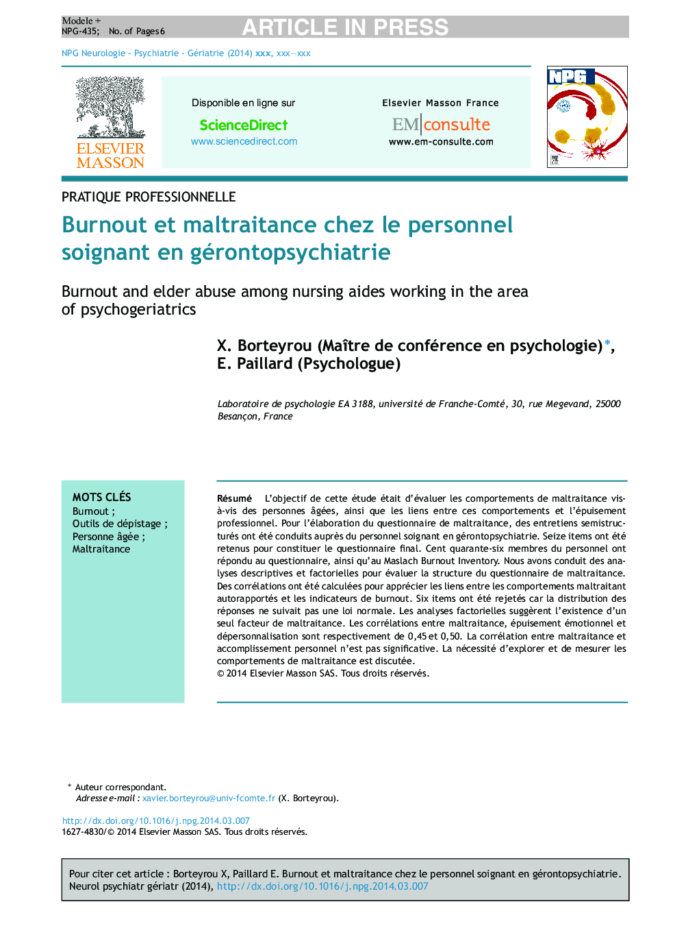 Burnout et maltraitance chez le personnel soignant en gérontopsychiatrie