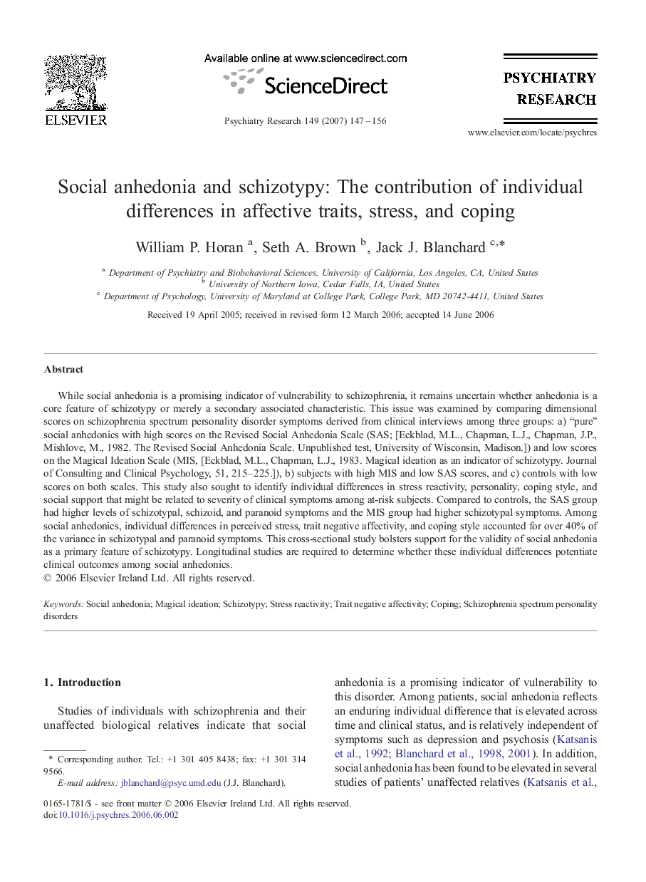 Social anhedonia and schizotypy: The contribution of individual differences in affective traits, stress, and coping