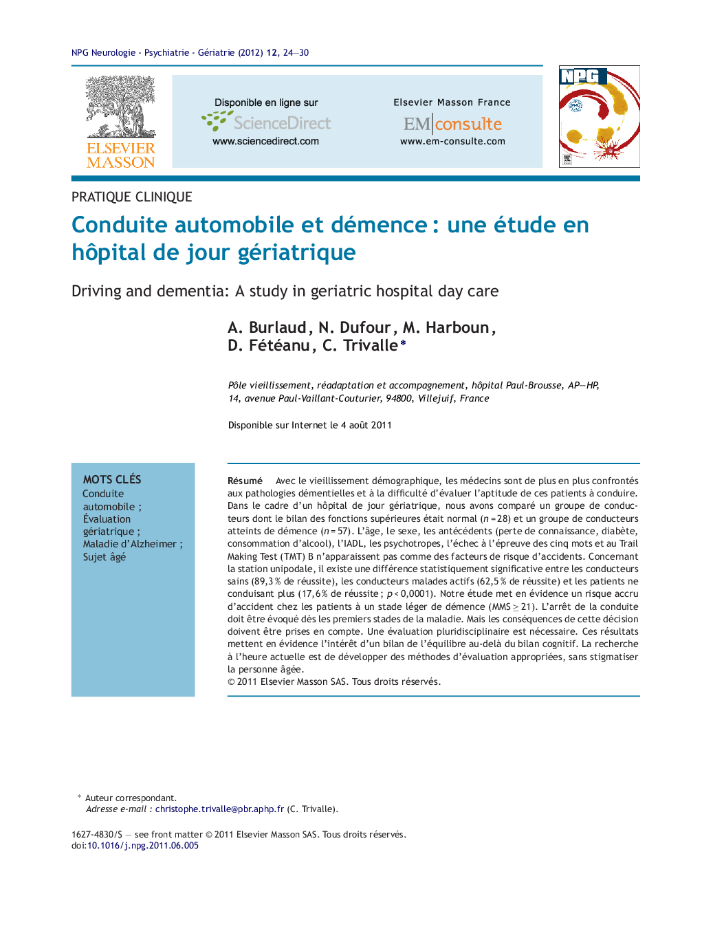 Conduite automobile et démenceÂ : une étude en hÃ´pital de jour gériatrique