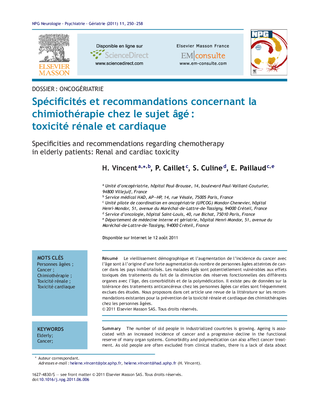 Spécificités et recommandations concernant la chimiothérapie chez le sujet Ã¢géÂ : toxicité rénale et cardiaque