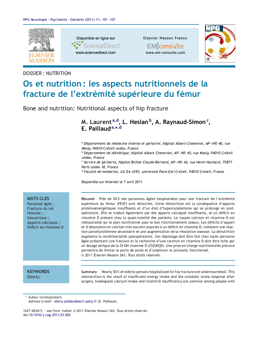 Os et nutritionÂ : les aspects nutritionnels de la fracture de l'extrémité supérieure du fémur