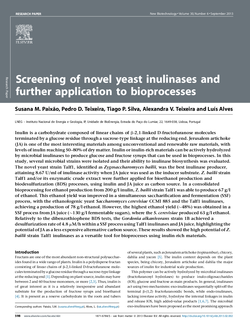 Screening of novel yeast inulinases and further application to bioprocesses