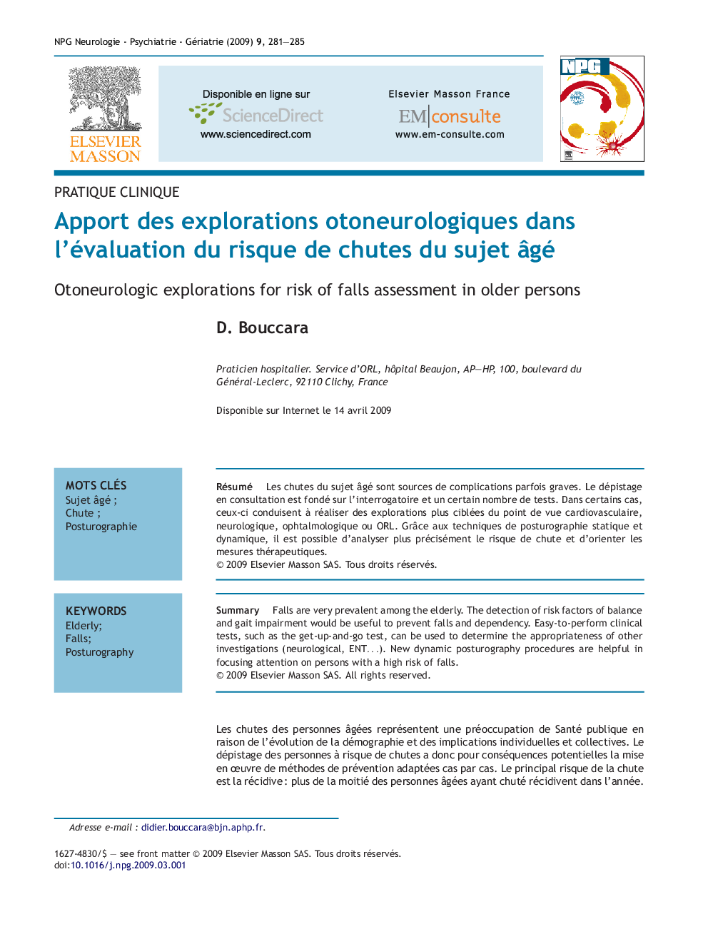 Apport des explorations otoneurologiques dans l'évaluation du risque de chutes du sujet Ã¢gé