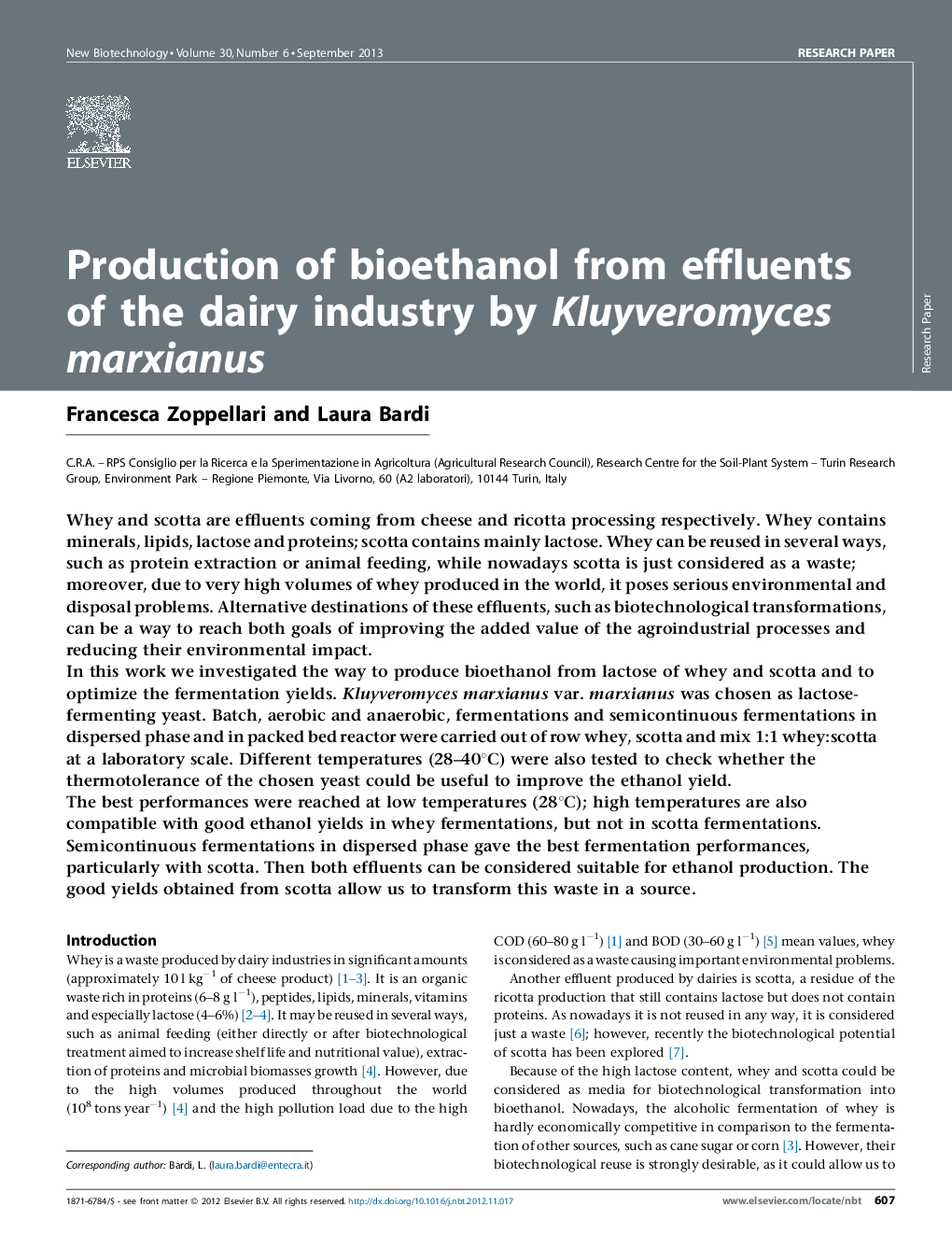 عکس صفحه اول مقاله: Production of bioethanol from effluents of the dairy industry by Kluyveromyces marxianus Production of bioethanol from effluents of the dairy industry by Kluyveromyces marxianus