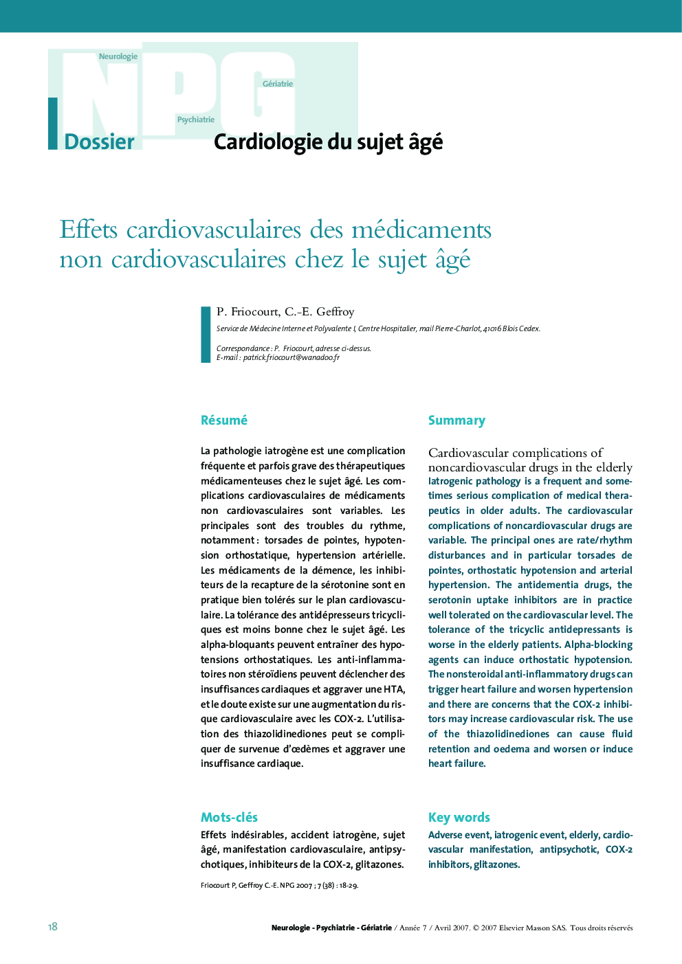 Effets cardiovasculaires des médicaments non cardiovasculaires chez le sujet Ã¢gé