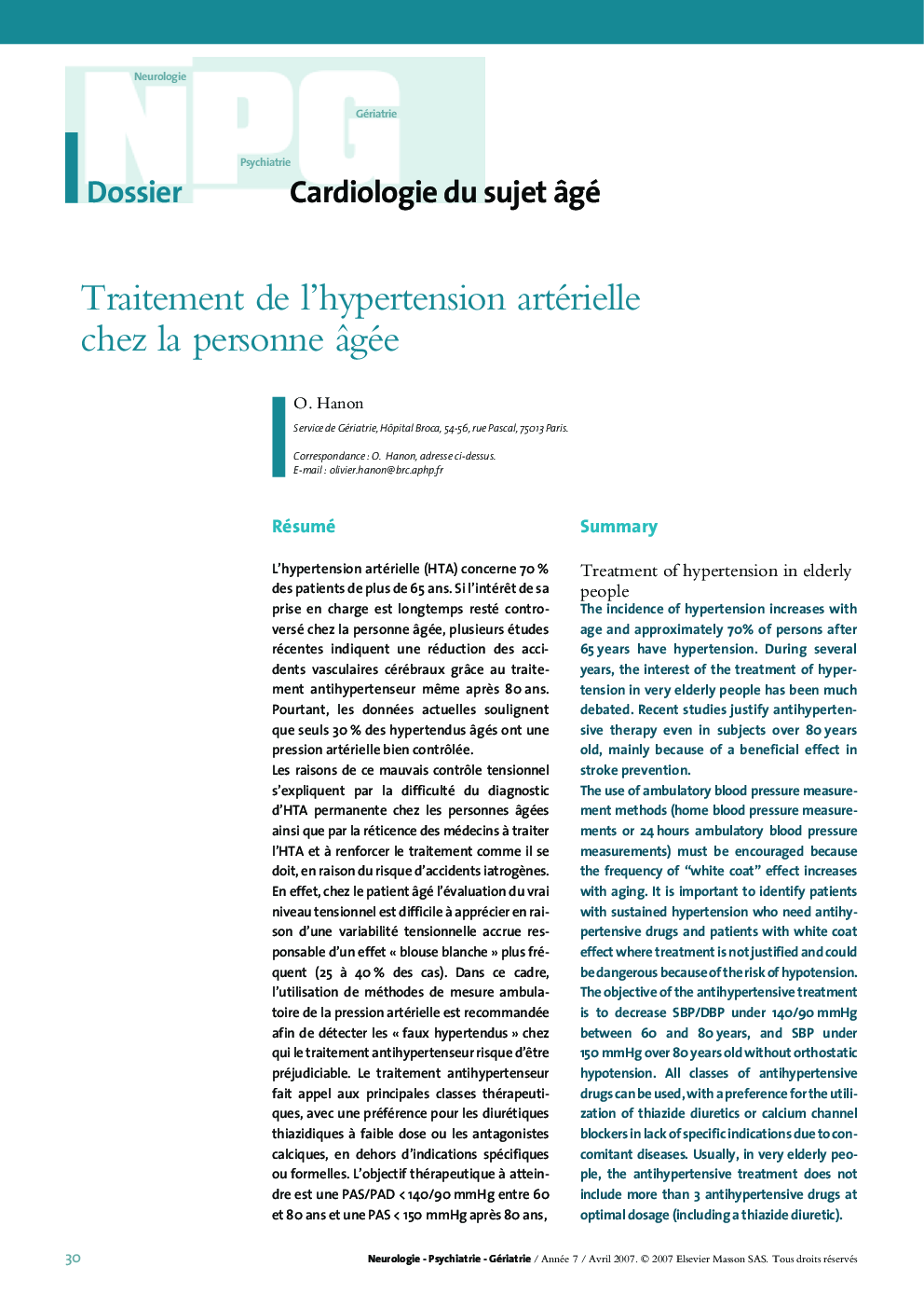 Traitement de l'hypertension artérielle chez la personne Ã¢gée